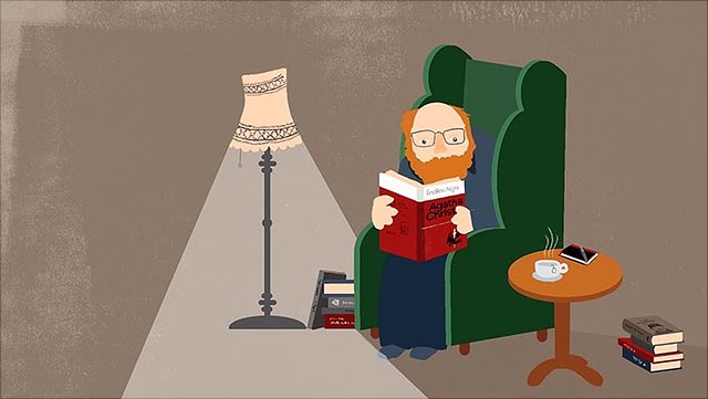 Illustration von Prof. Reiner Lauterbach, wie er in einem Ohrensessel sitzt und ein Buch liest.