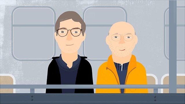 Zeichnung von Prof. Jörn Behrens und seinem Freund an der Reling eines Fährschiffes.