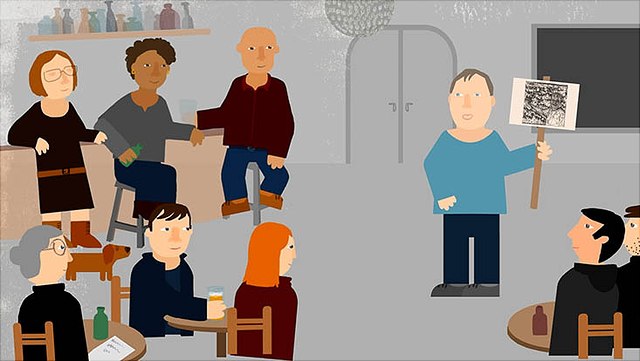 Illustration von Prof. Dr. Armin Iske, wie er auf einer Veranstaltung seine Forschung präsentiert.