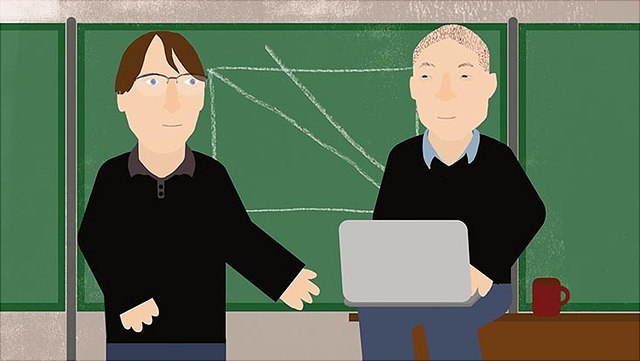 Zeichnung von Juniorprofessor Julian Holstein und einem Kollegen im Gespräch.